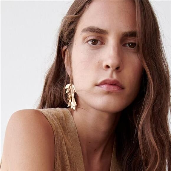 Gold Leaf Fringe Earrings | Boho Tassel Dangle Jewelry - Picture 3 of 5